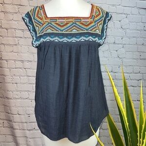 Bohemian Embroidered Top in Denim Chambray Size M
